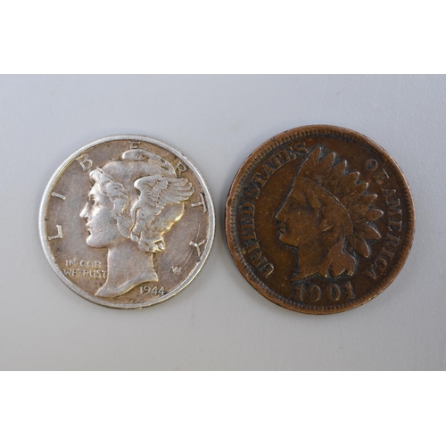 154 - Two USA Coins including a 1944 Mercury Dime and a 1901 Indian Head Cent