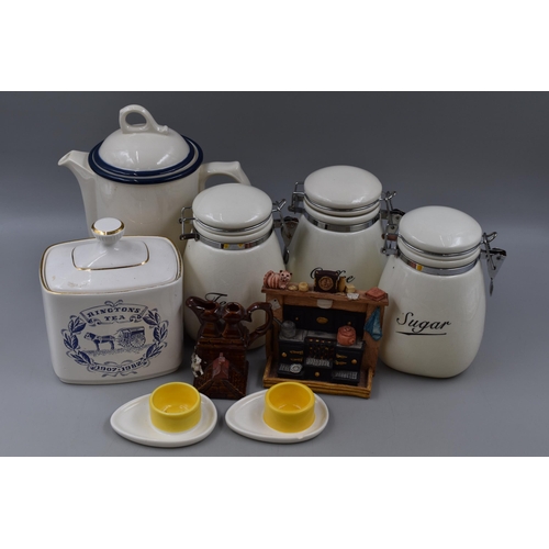 777 - Wedgwood Caspian Coffee Pot, Ringtons Tea Caddy, matching Caddies, Egg Cups and More