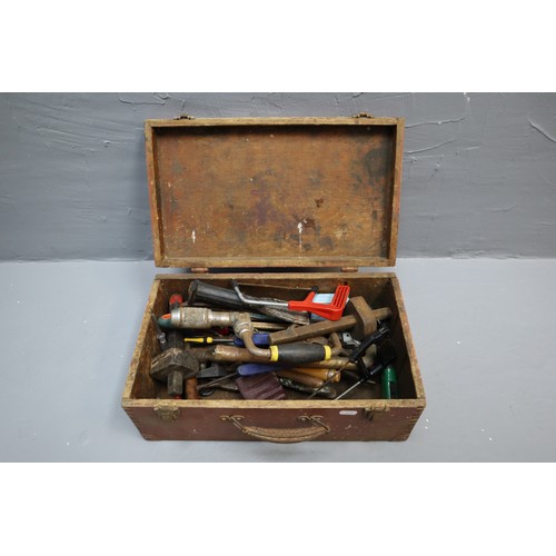 773 - Wooden Tool Case containing a Selection of tools including Tin Snips, Chisels, and More