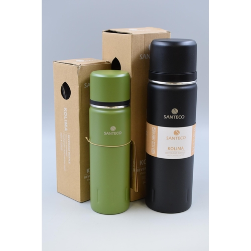 774 - Two New Santeco Insulated Flasks In Green and Black (1 Litre, and 500ml)