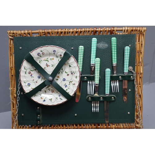 803 - A Vintage Three Person Picnic Set, In Wicker Picnic Basket