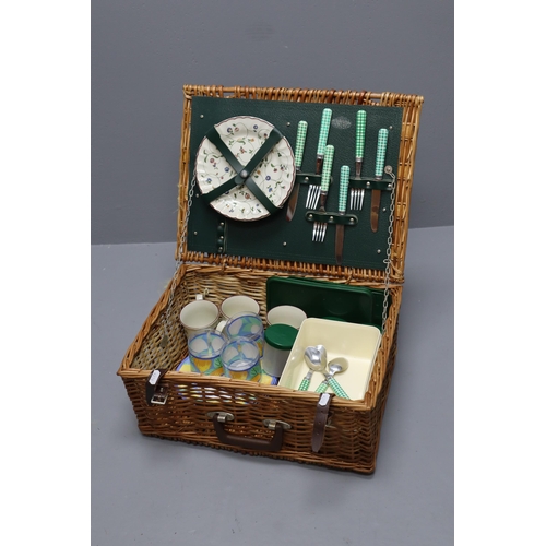 803 - A Vintage Three Person Picnic Set, In Wicker Picnic Basket