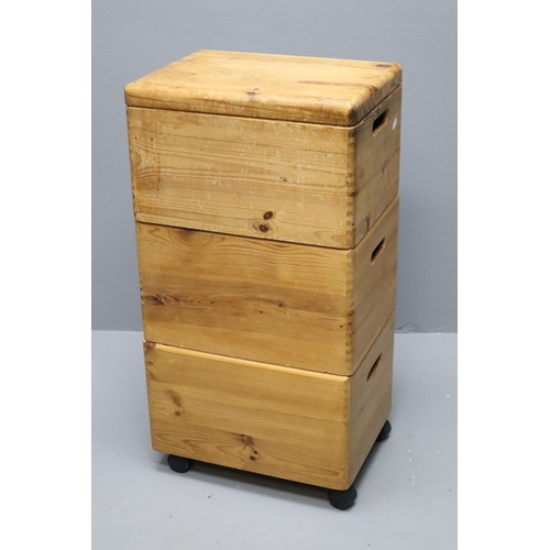 717 - Three Tier Pine Stacking Storage Boxes On Castors, Approx 30