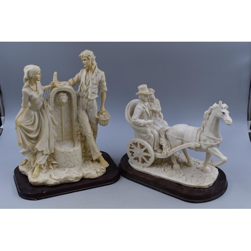 479 - Two Sculptures on Wooden Bases To Include Horse and Carriage (AF), And Lovers. Tallest Approx 14