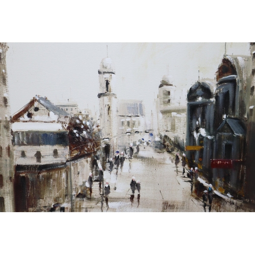 515 - Three Oil on Canvas Enhanced Prints Depicting European Street Scenes, Largest Approx 39.5