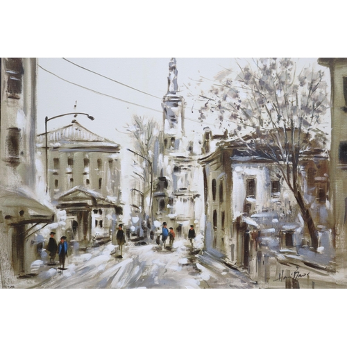 515 - Three Oil on Canvas Enhanced Prints Depicting European Street Scenes, Largest Approx 39.5