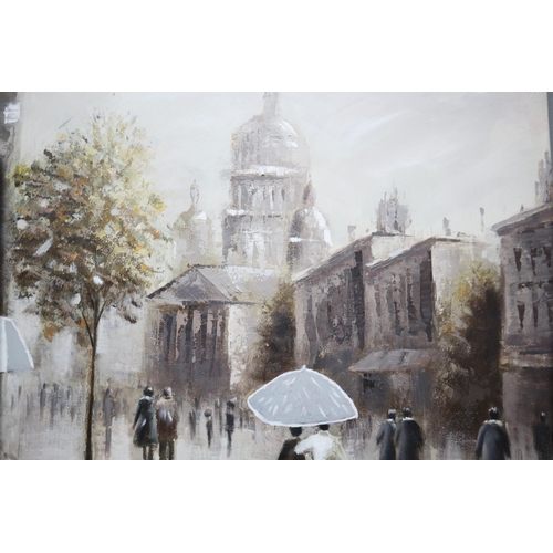 515 - Three Oil on Canvas Enhanced Prints Depicting European Street Scenes, Largest Approx 39.5