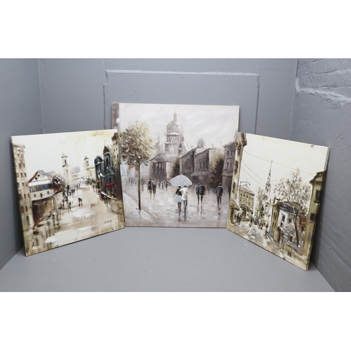 515 - Three Oil on Canvas Enhanced Prints Depicting European Street Scenes, Largest Approx 39.5