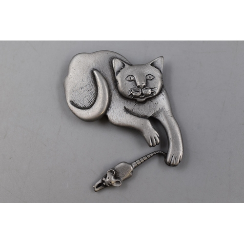 1 - Mali Pewter Cat and Mouse Brooch