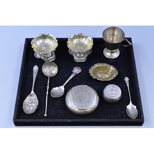 17 - Mixed Tray of items to include Silver Plated Spoons, Salt Cellars, Trinket Box and small Tray. ... 