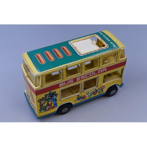 225 - Collectable Vintage Tin Plate Obertoys Double Decker Escolar Bus with Traction Movement