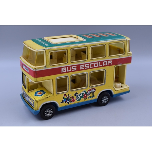 225 - Collectable Vintage Tin Plate Obertoys Double Decker Escolar Bus with Traction Movement