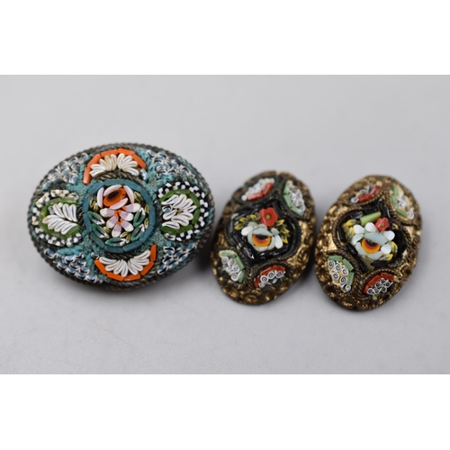 46 - Italian Micro Mosaic Brooch and Clip on Earrings