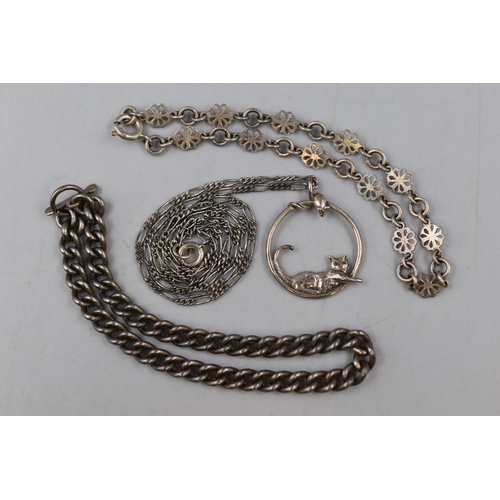 53 - Sterling Silver items to include Two bracelets and One Necklace with Cat Pendant