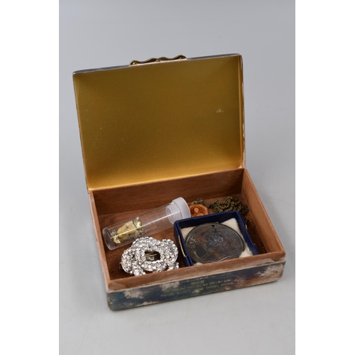 56 - Silver Plated Cigarette Box containing Gold Teeth, Brooch, Victorian Medal and More