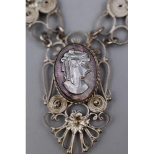 248 - A 925. Silver Filligree Mother of Pearl Cameo and Yellow Stoned Necklace