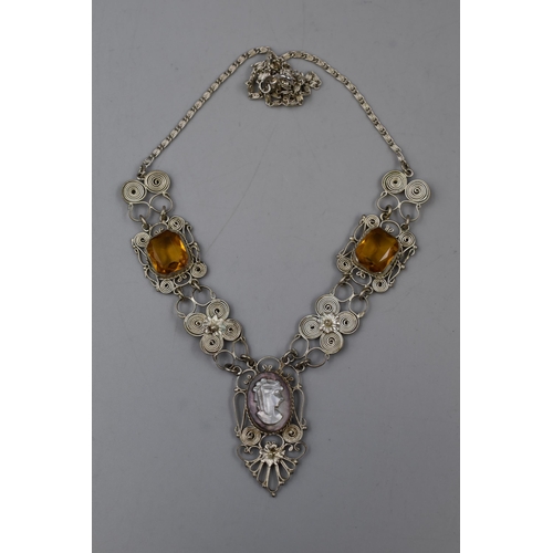 248 - A 925. Silver Filligree Mother of Pearl Cameo and Yellow Stoned Necklace