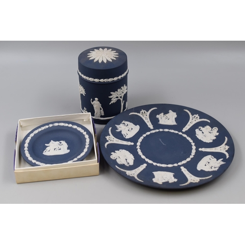 262 - Three Pieces of Wedgwood Dark Blue/Portland Blue Jasperware, Includes Sweet Dish, Collectors Plate, ... 