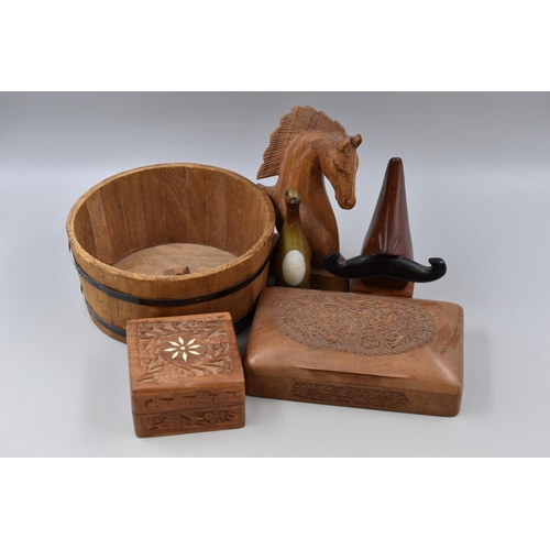 265 - Collection of Treen Items To Include Two Decorated / Carved Trinket Boxes, Horse Head, Novelty Spect... 