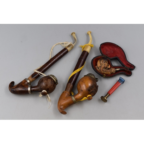 273 - Two Bavarian Handcarved Wooden Smoking Pipes, With Pipe Tamper/Stamp, And Antique Birds Claw Pipe (I... 