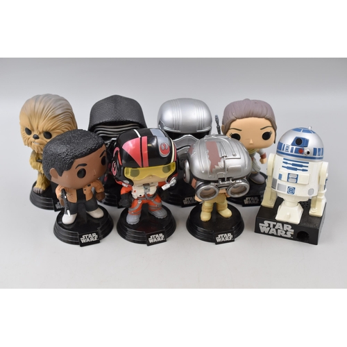 535 - A Selection of Seven Star Wars Funko Pops, With R2-D2 Figure. Includes Rey, Kylo Ren, Captain Phasma... 