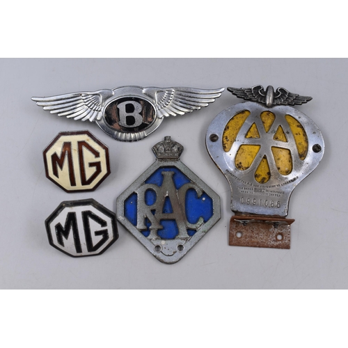 284 - Five British Car Badges To Include MG, Bentley, AA, And RAC