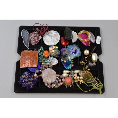 99 - Selection of Designer Jewellery To Include Agate Pendants, Mother of Pearl Earrings, Floral Enamelle... 