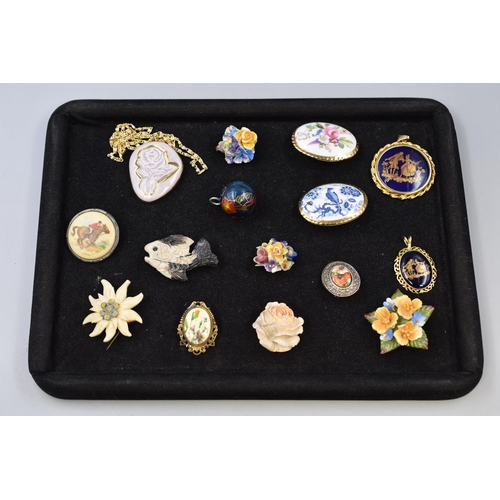 107 - Selection of Vintage Jewellery To Include Blue and White Oriental Brooch, Fish Brooch, Enamelled Bel... 