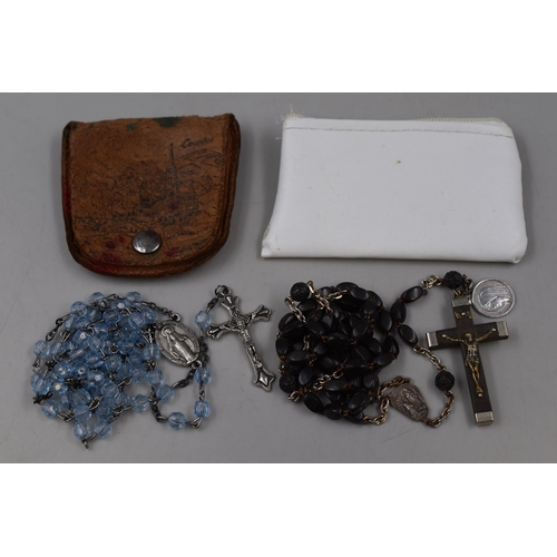 111 - Pair Of Vintage Rosary Beads, One Sapphire Blue in Colour and One Black Beads With 'Lourdes' Etched ... 