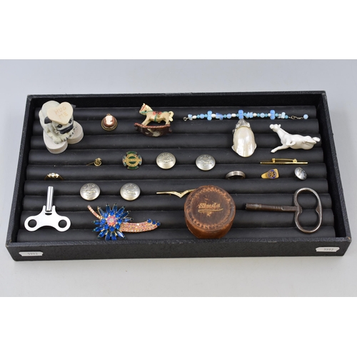 118 - Collectors Lot including ATC Buttons, Stud Box, Clock keys, Brooch and More