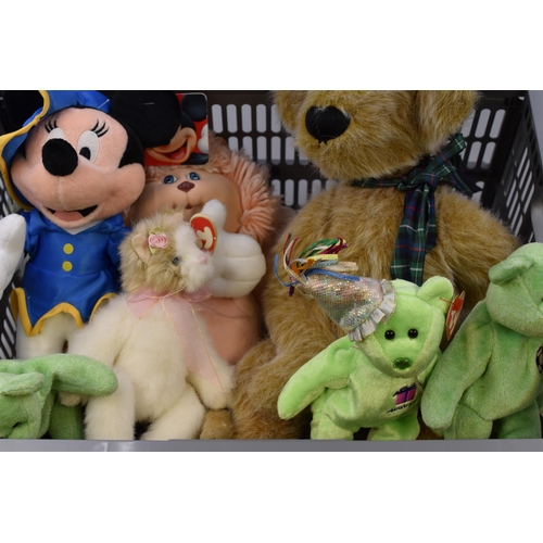 565 - Selection of 11 Soft Toys inclduing Cabbage Patch Doll, 3 Tagged TY Beanies, Disney Mickey Mouse, KR... 