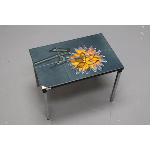 569 - Vintage Tiled Surface Side Table with Floral Decoration Approx 18