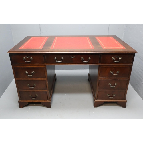 595 - Vintage  Leather Inlaid Mahogany Captain Desk with 8 Drawers Approx 54