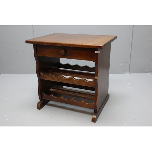 598 - Heavy Oak 20 Bottle Wine Rack Table with Drawer (24