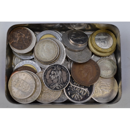 149 - Vintage Commemorative Tin Full of Coins to include a Silver 1892 Queen Victoria Shilling