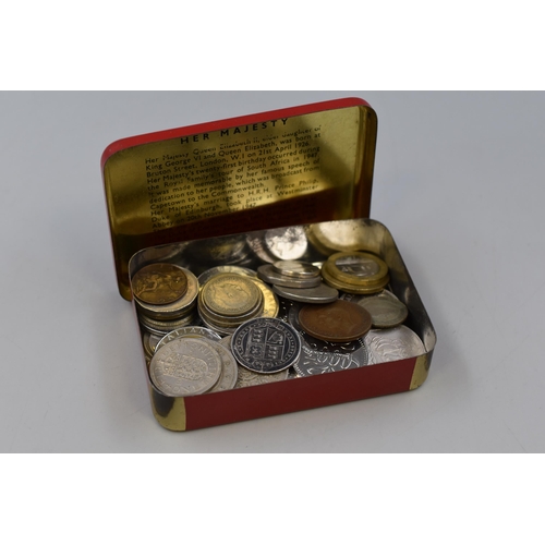 149 - Vintage Commemorative Tin Full of Coins to include a Silver 1892 Queen Victoria Shilling