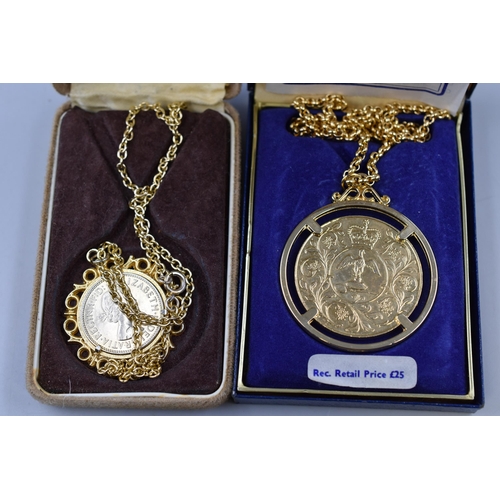 161 - Two Gold Plated Coin Pendant Necklaces, In Presentation Boxes. Includes Crown, and Half Penny