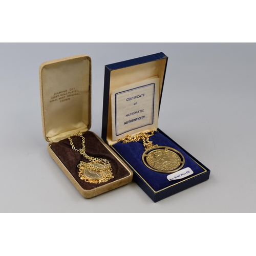 161 - Two Gold Plated Coin Pendant Necklaces, In Presentation Boxes. Includes Crown, and Half Penny