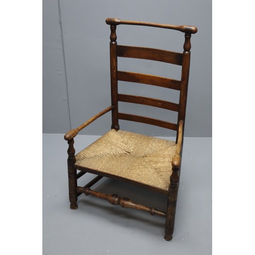 623 - Fine Quality Vintage Hand Made Ladder Backed Oak Framed Wicker Based Low Chair/ Nursing Chair