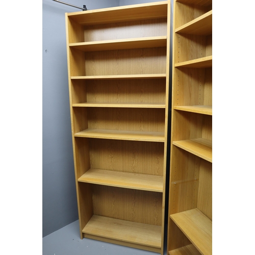 618 - Two Large Six Tier Pine Effect Book/Display Shelving Units with Adjustable Pegging to Maximize or Mi... 