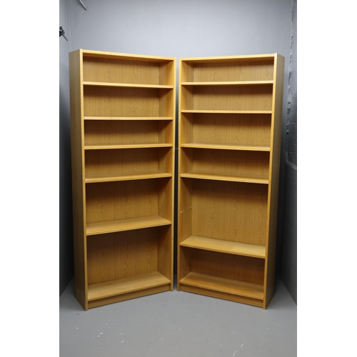 618 - Two Large Six Tier Pine Effect Book/Display Shelving Units with Adjustable Pegging to Maximize or Mi... 