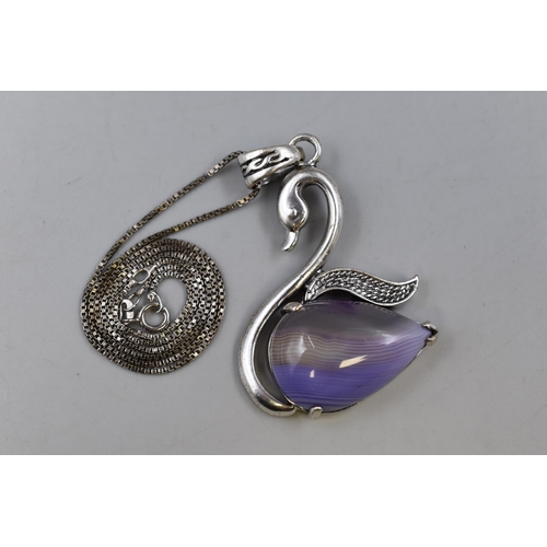 175 -  Silver 925 Necklace with Swan and Purple and White Stone Pendant, Chain 18