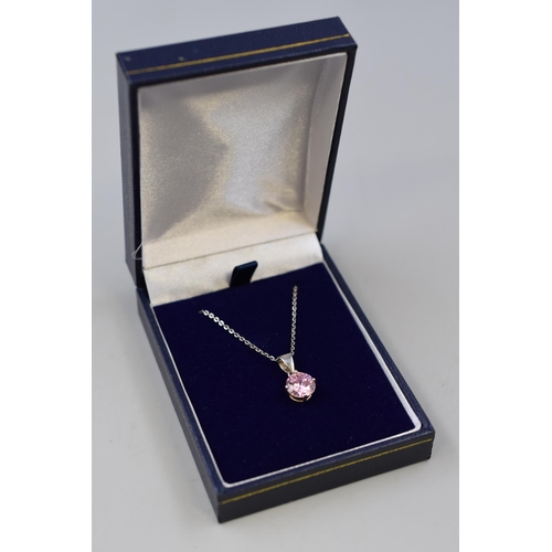 187 - Silver 925 Pink Stoned Pendant Necklace complete with Presentation Box.  Chain 18