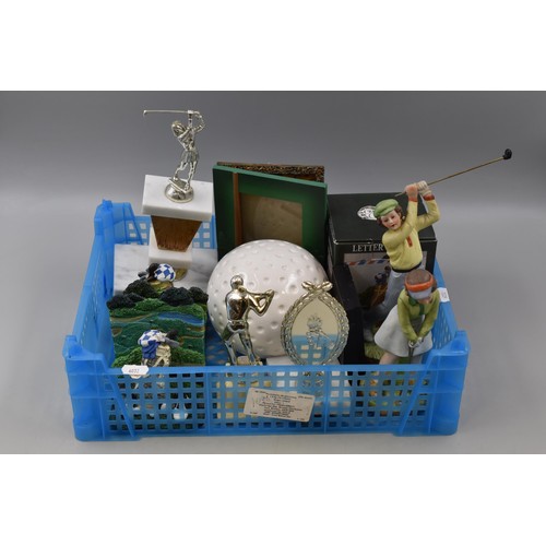 714 - Selection of Golfing Items To Include Pair of Letter Holders/Book Ends (AF), Golf Ball Money Bank, G... 