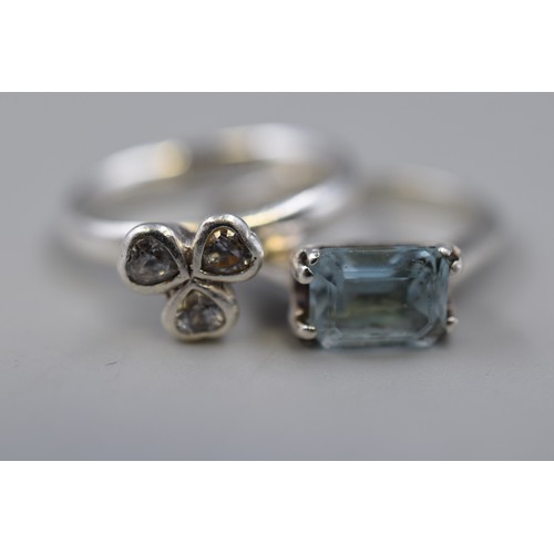 194 - Two 925. Silver Rings To Include 'Spinning' Clear Stoned Ring, And Aquamarine Stoned