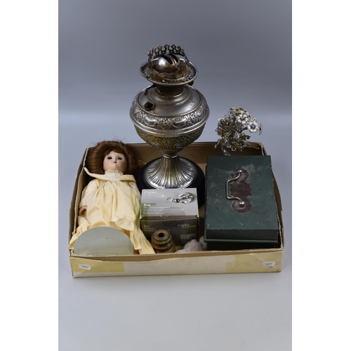 693 - Mixed Selection including Money Tin, Oil Lamp, Porcelain Doll, Poker Stand and More