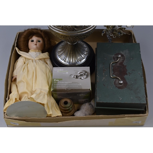 693 - Mixed Selection including Money Tin, Oil Lamp, Porcelain Doll, Poker Stand and More