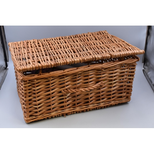 696 - Rattan Basket Containing a Selection of Signed Memorabilia, 1960s Cricket Programmes and a Oil on Ca... 