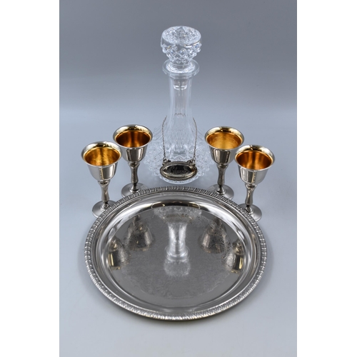 394 - Lovely Vintage Crystal Cut Sherry Decanter Complete With Four Silver Plate Yeoman Style Goblets and ... 