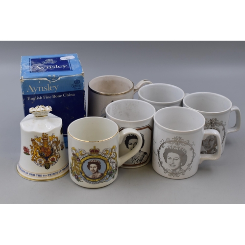 704 - Selection of Six Commemorative Mugs, With Aynsley Charles and Diana Commemorative Bell